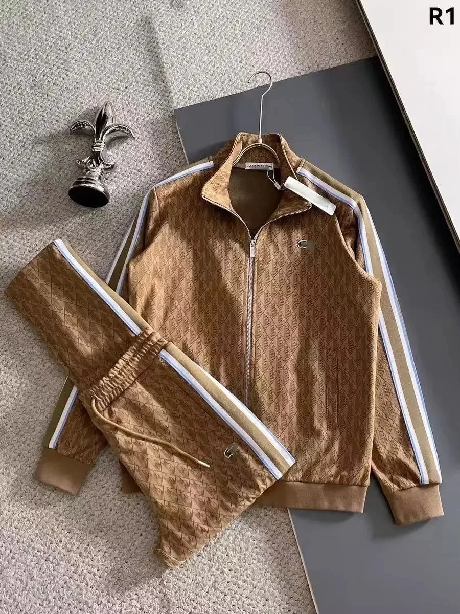 Lacoste Tracksuits Geometric-pattern zip track jacket and trousers set — Brown