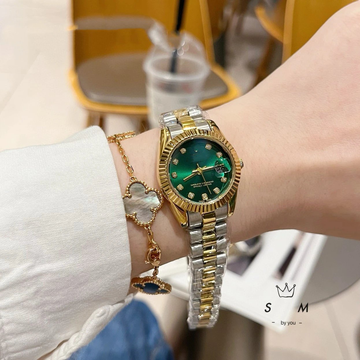 Rolex Watches Datejust crystal-bezel two-tone bracelet watch — Gold dial with green face