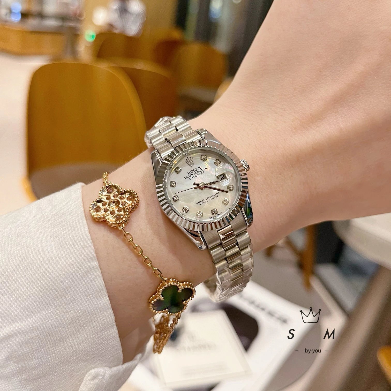 Rolex Watches Datejust crystal-bezel two-tone bracelet watch — Silver case, white dial