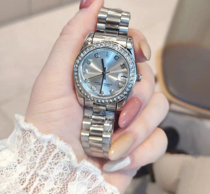 Rolex Watches Datejust crystal-bezel two-tone bracelet watch — Ring-dial silver case white face