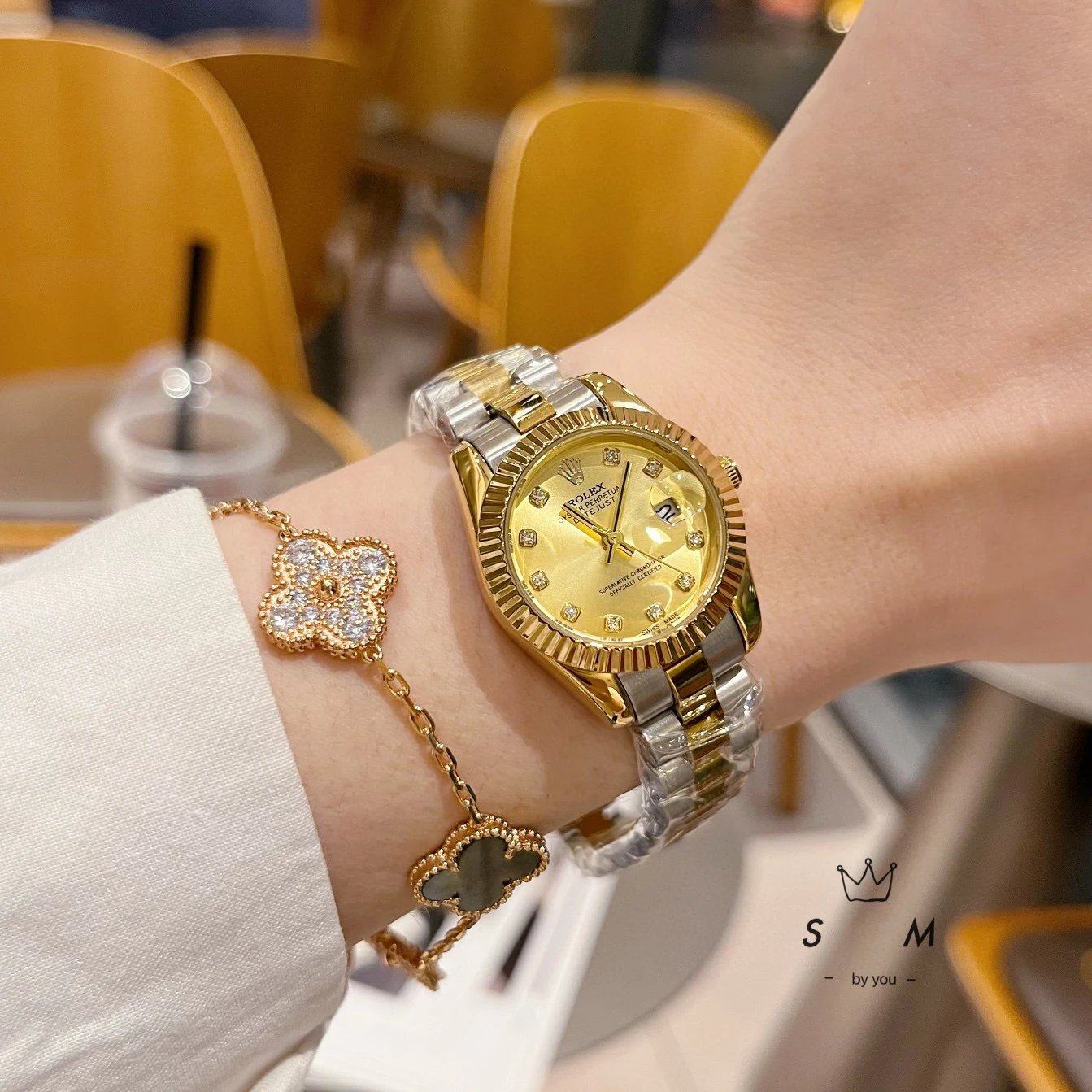 Rolex Watches Datejust crystal-bezel two-tone bracelet watch — Between gold and gold face