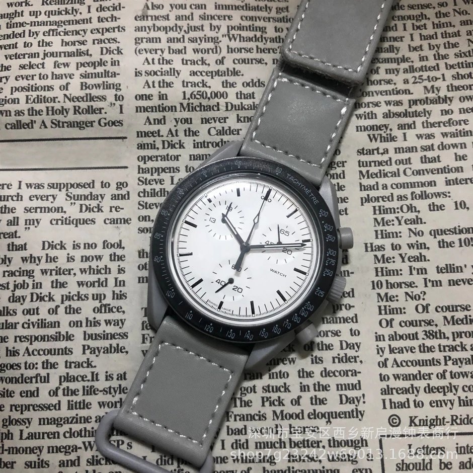 Omega MoonSwatch Mission on Earthphase and Earth chronograph watches — White flour gray belt