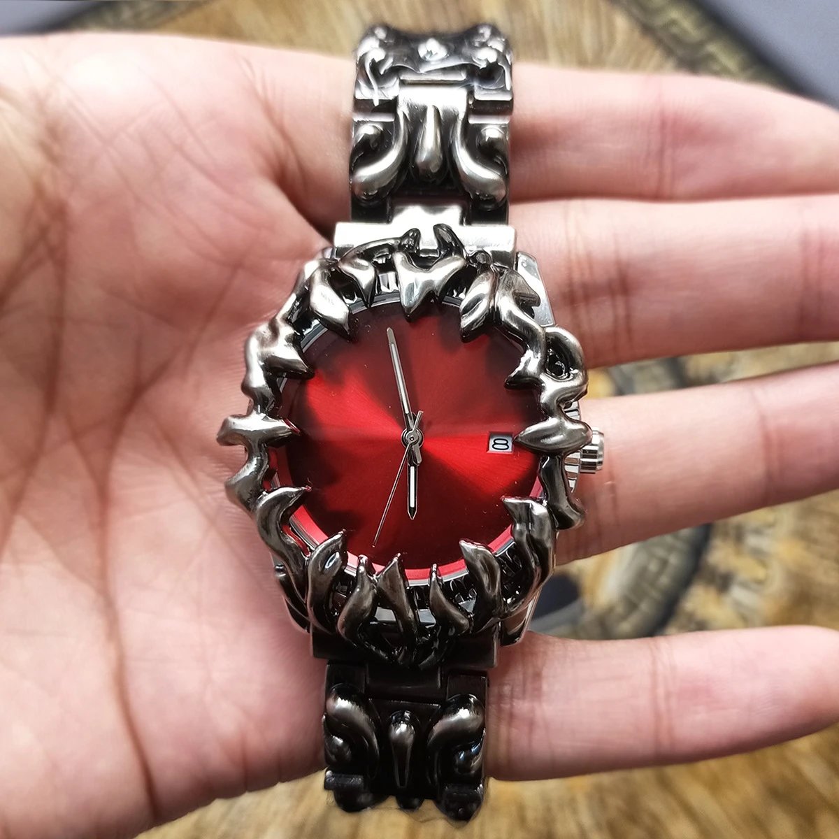 Unbranded Watches Flame-Bezel Link Bracelet Watch with Date Window — Psychedelic Red [In Stock, Ships Directly]