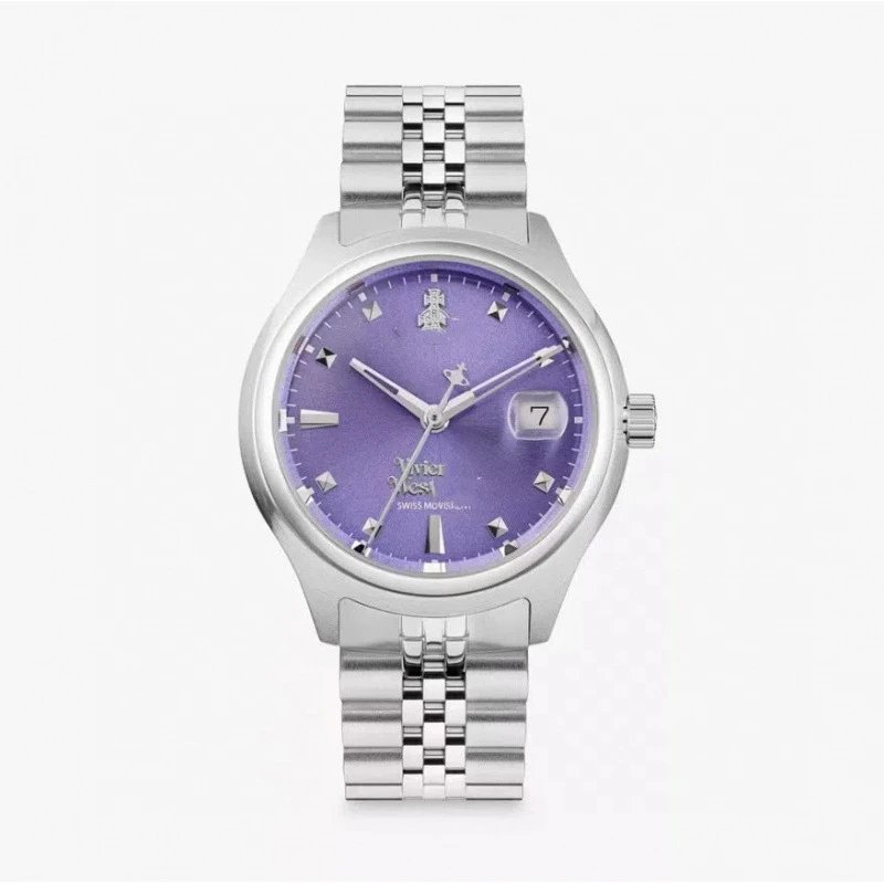 Vivienne Westwood Watches Quartz watch with orb-logo dial, date window and metal link bracelet — 29mm purple