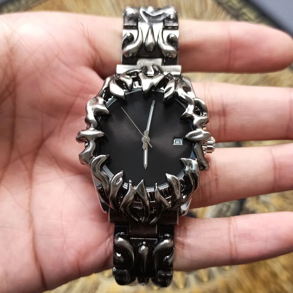 Unbranded Watches Flame-Bezel Link Bracelet Watch with Date Window — Deep Black [In Stock, Ships Directly]