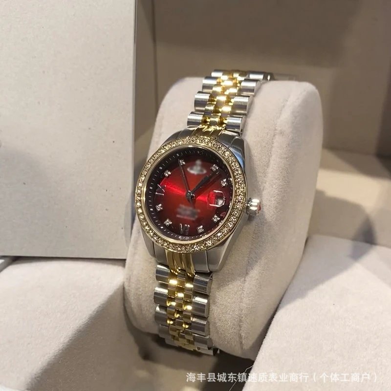 Vivienne Westwood Watches Quartz watch with orb-logo dial, date window and metal link bracelet — Cherry with drill