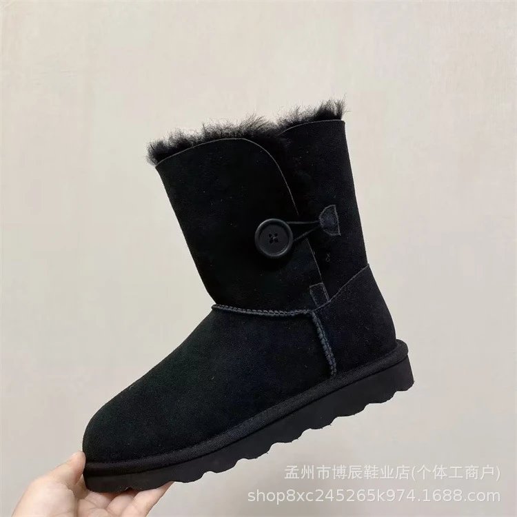 Unbranded Boots Faux Suede Shearling-Lined Snow — 5803 Middle Wooden Buckle Black