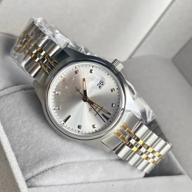 Vivienne Westwood Watches Quartz watch with orb-logo dial, date window and metal link bracelet — 29mm plain gold white