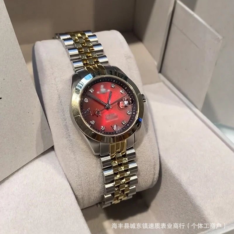 Vivienne Westwood Watches Quartz watch with orb-logo dial, date window and metal link bracelet — Cherries