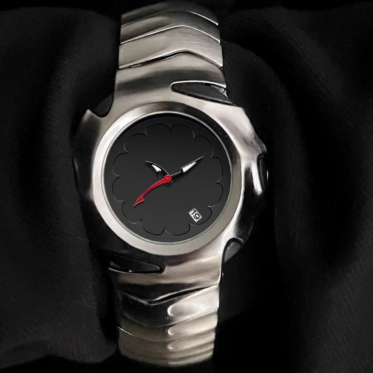 Unbranded Watches Analog watch with scalloped flower dial, date window and sculptural metal bracelet image 4