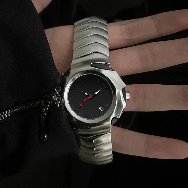 Unbranded Watches Analog watch with scalloped flower dial, date window and sculptural metal bracelet — silver shell black