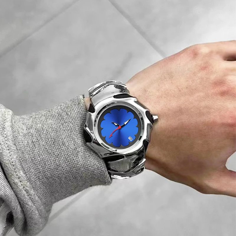 Unbranded Watches Analog watch with scalloped flower dial, date window and sculptural metal bracelet image 1