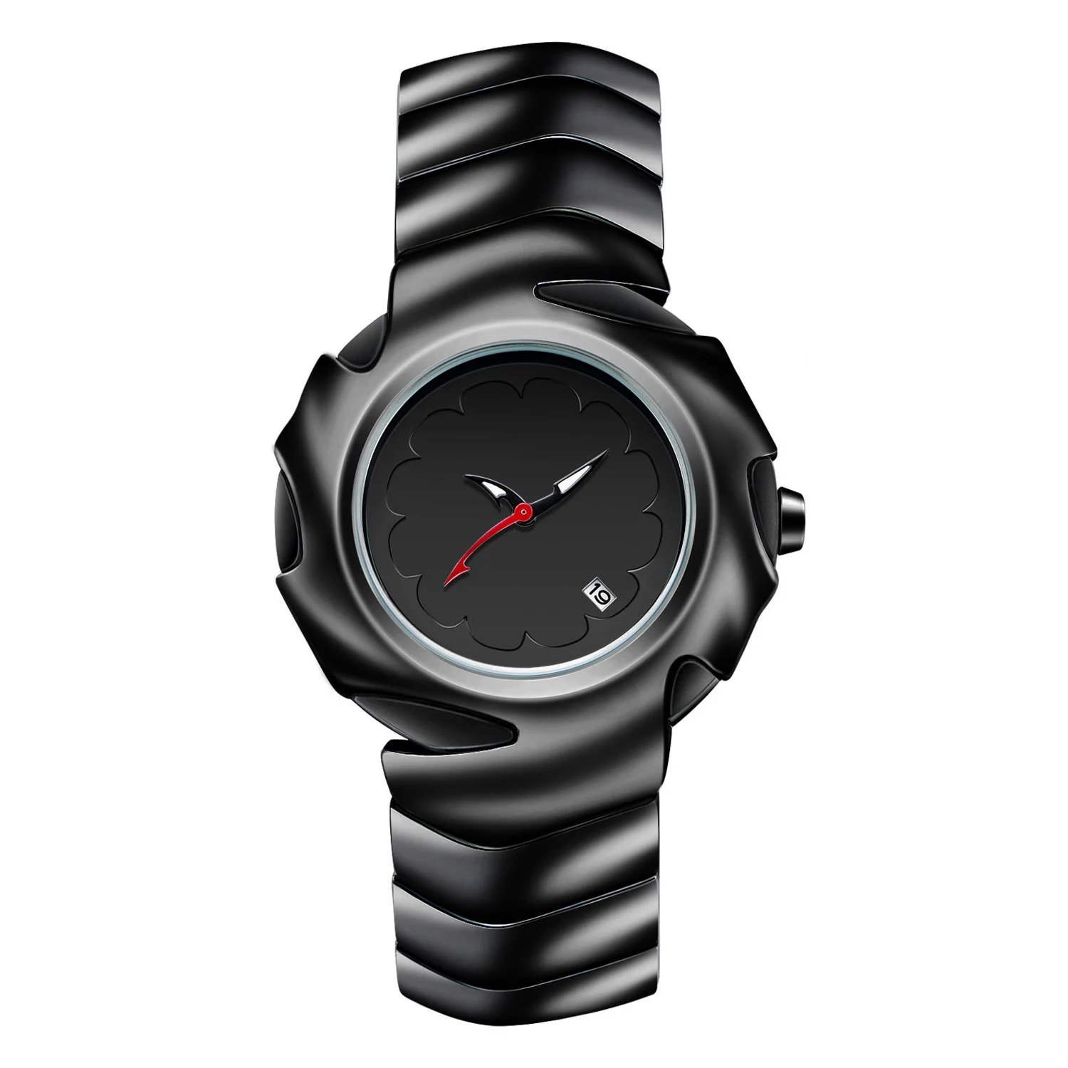 Unbranded Watches Analog watch with scalloped flower dial, date window and sculptural metal bracelet — Midnight Black – Glossy Surface