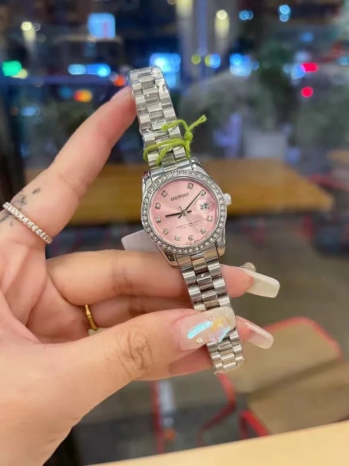 Rolex Watches Datejust crystal-bezel two-tone bracelet watch — Hoop earring, silver case, pink face