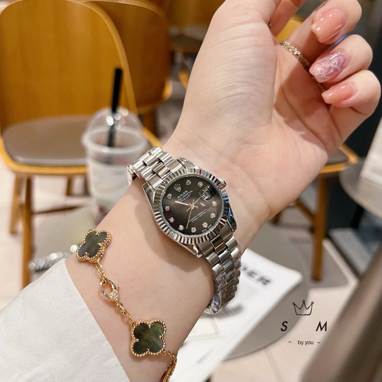 Rolex Watches Datejust crystal-bezel two-tone bracelet watch — Silver case, black dial