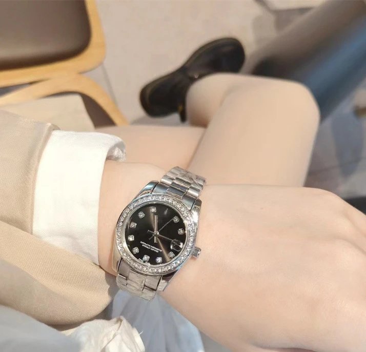 Rolex Watches Datejust crystal-bezel two-tone bracelet watch — Hoop, silver-black, black face