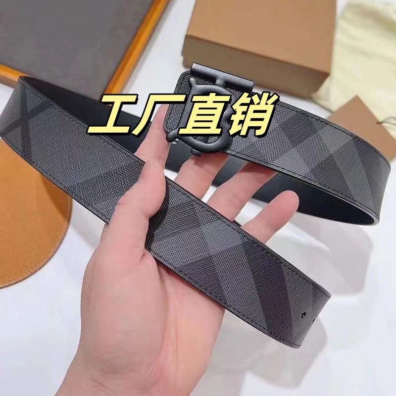 腰带跨境男士皮带时尚平纹格纹简约百搭潮流商务皮带b家扣头腰带38cm