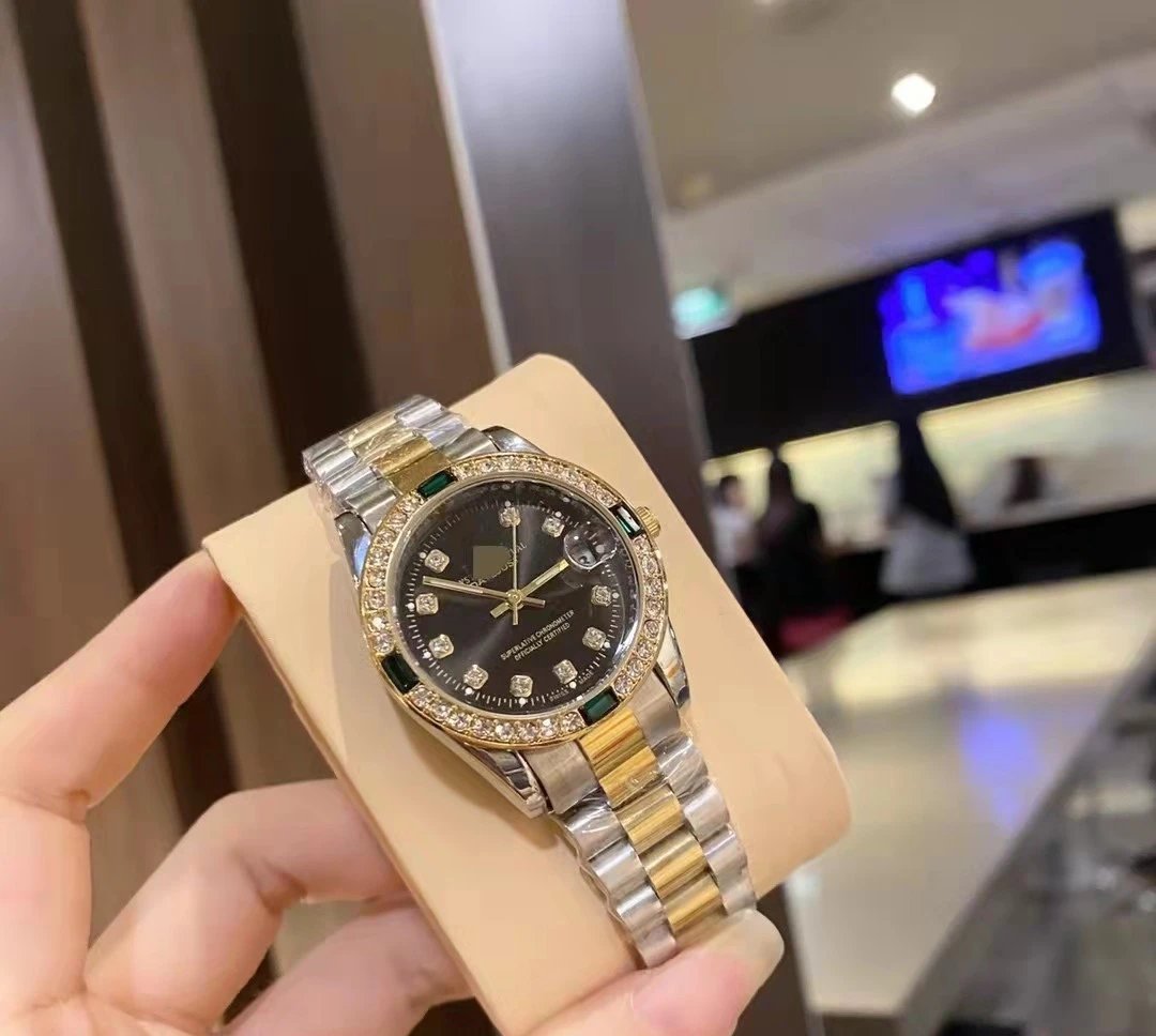 Rolex Watches Datejust crystal-bezel two-tone bracelet watch — Gold and black dial(4 Spot drilling)