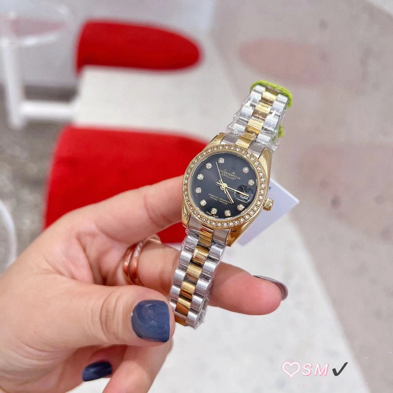 Rolex Watches Datejust crystal-bezel two-tone bracelet watch — Black dial with gold accents between the bezel rings