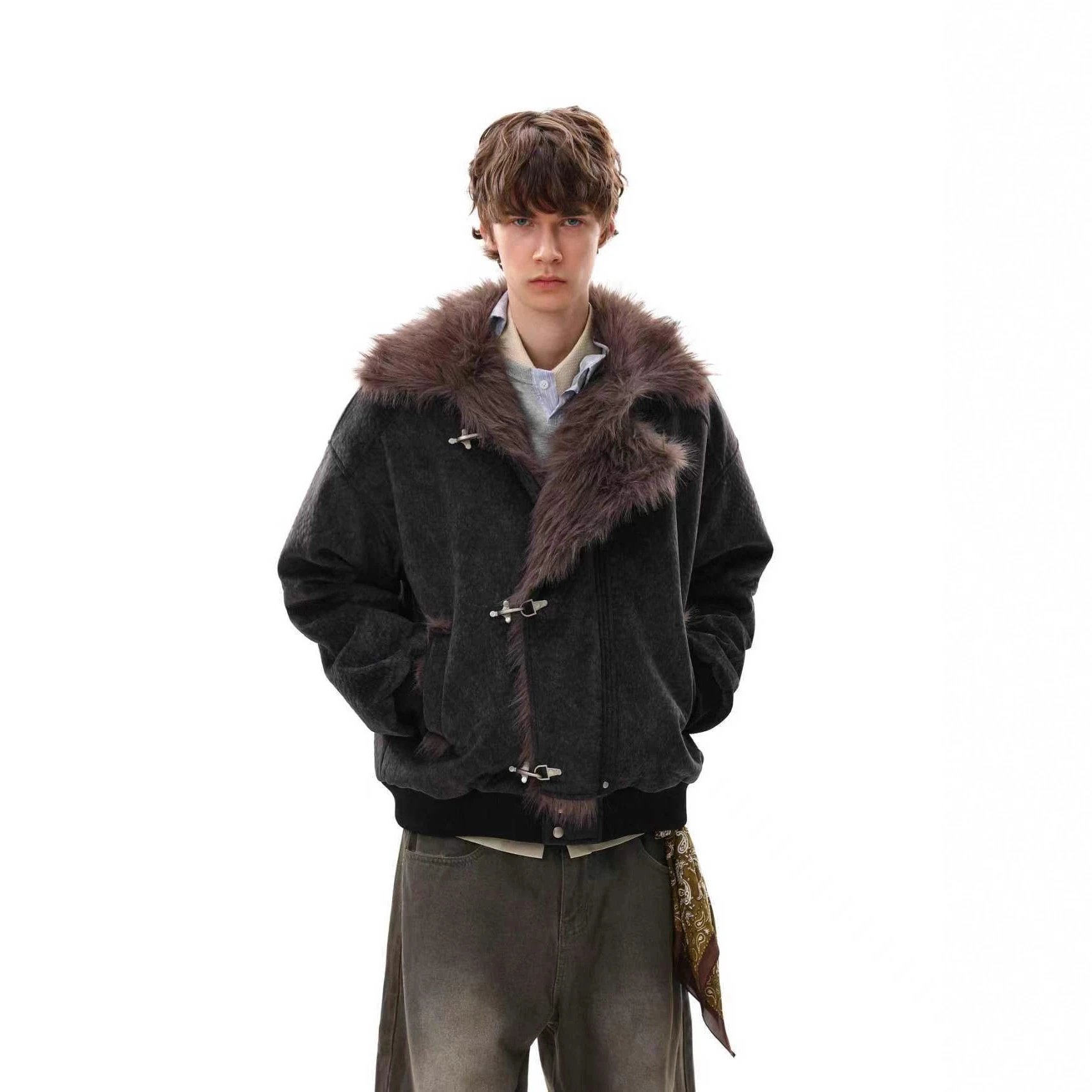 Metal aircraft button plush jacket