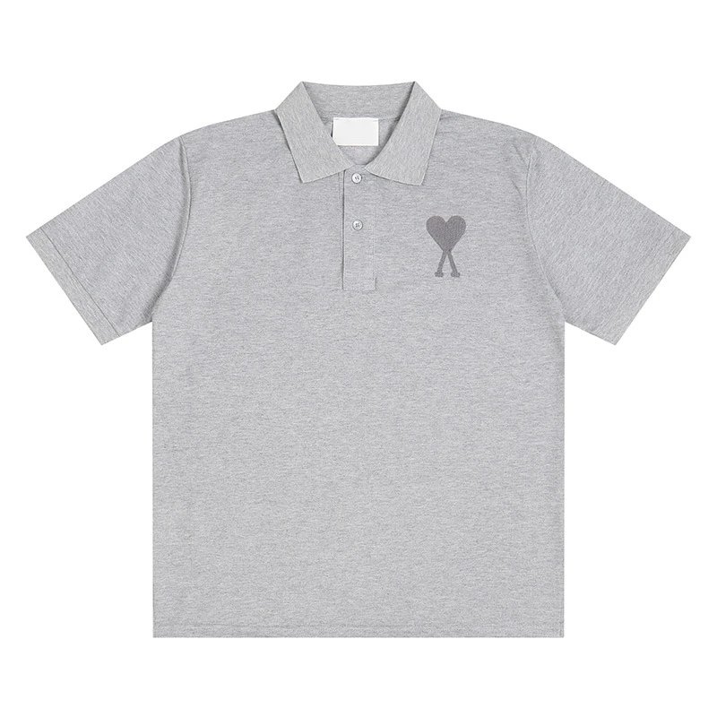 AMI Paris Oversized de Coeur Polo Shirt Grey Marl Tonal Logo