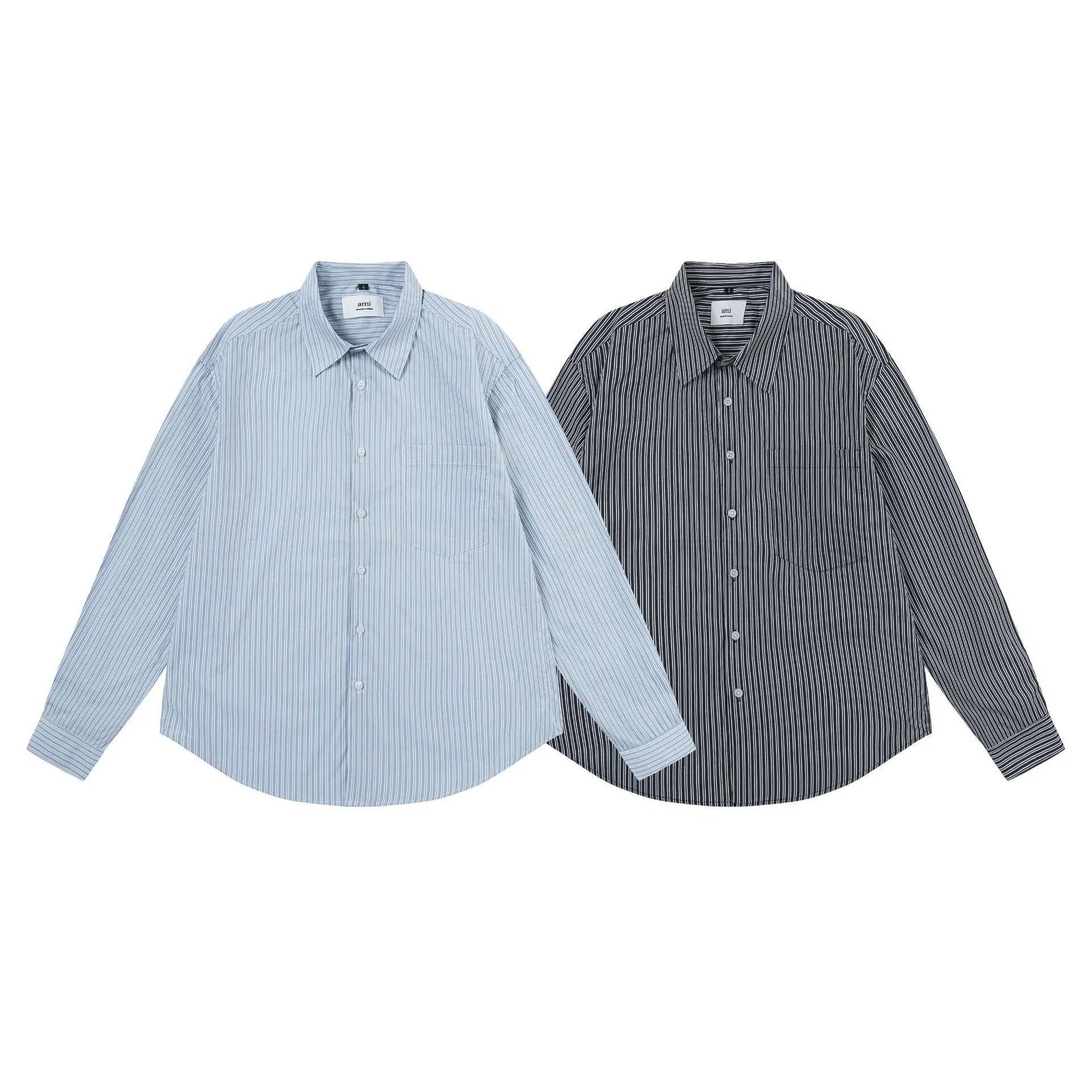 Ami Paris Striped Cotton Shirt with Red Heart Embroidery Blue - 17