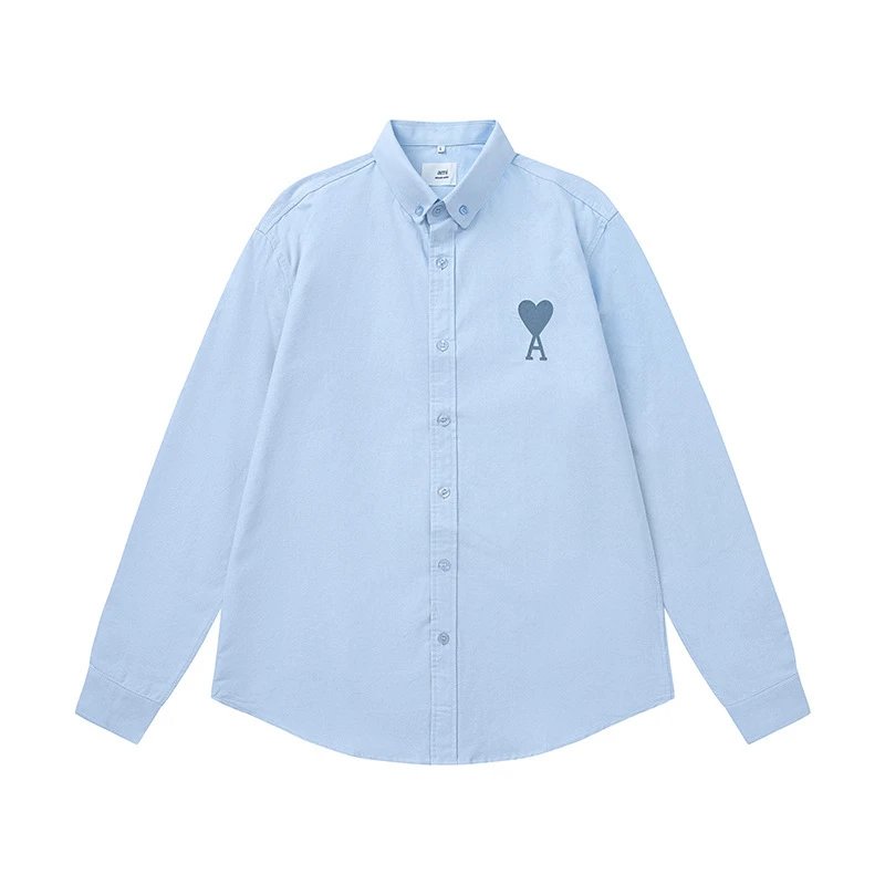 Ami Paris Striped Cotton Shirt with Red Heart Embroidery Blue - 12