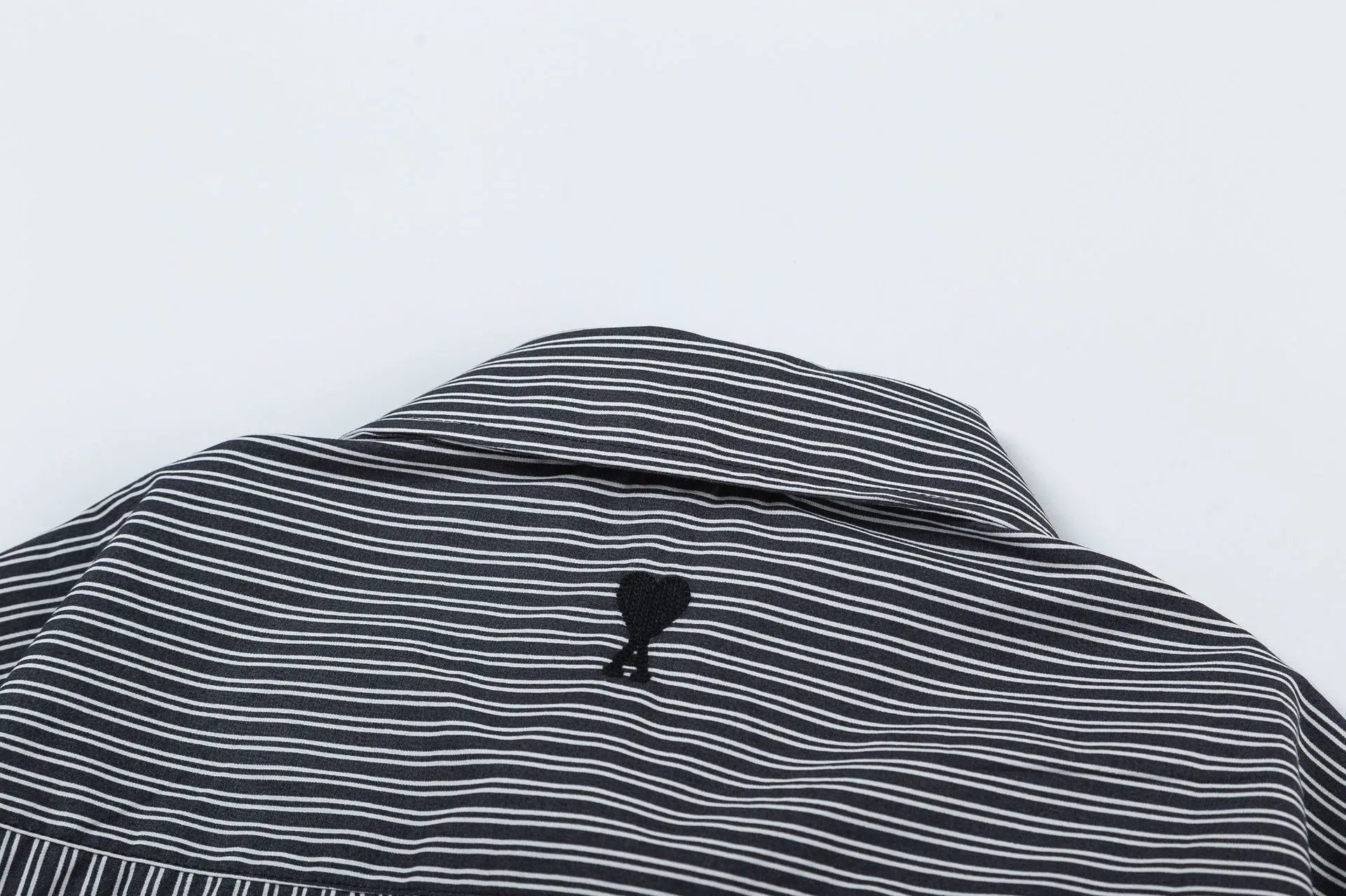 Ami Paris Striped Cotton Shirt with Red Heart Embroidery Blue - 24