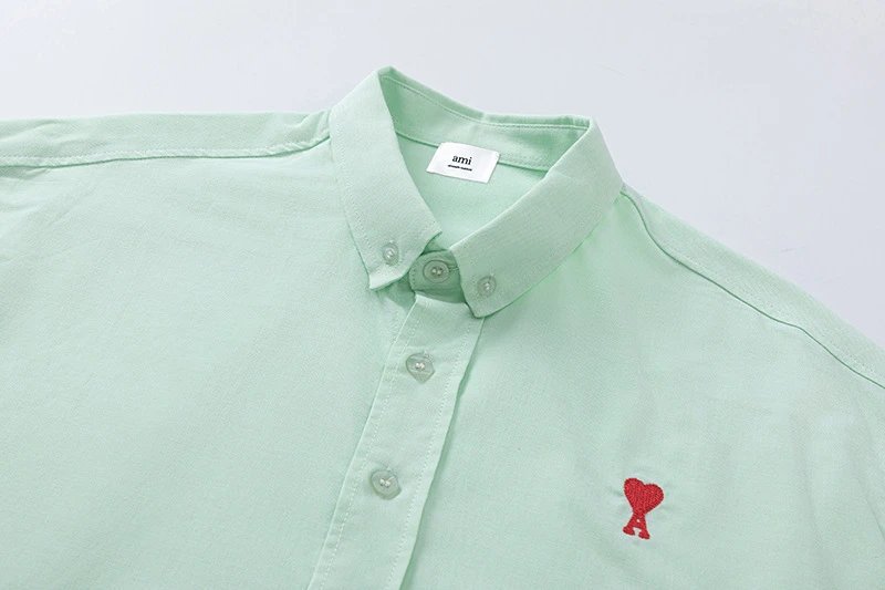 Ami Paris Striped Cotton Shirt with Red Heart Embroidery Blue - 27