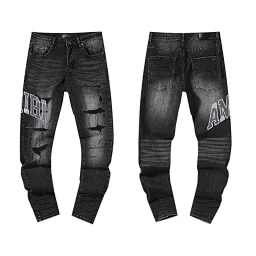 thumbnail for European and American jeans jeans washed distressed vintage ripped ink splash handsome American collection 1-CY