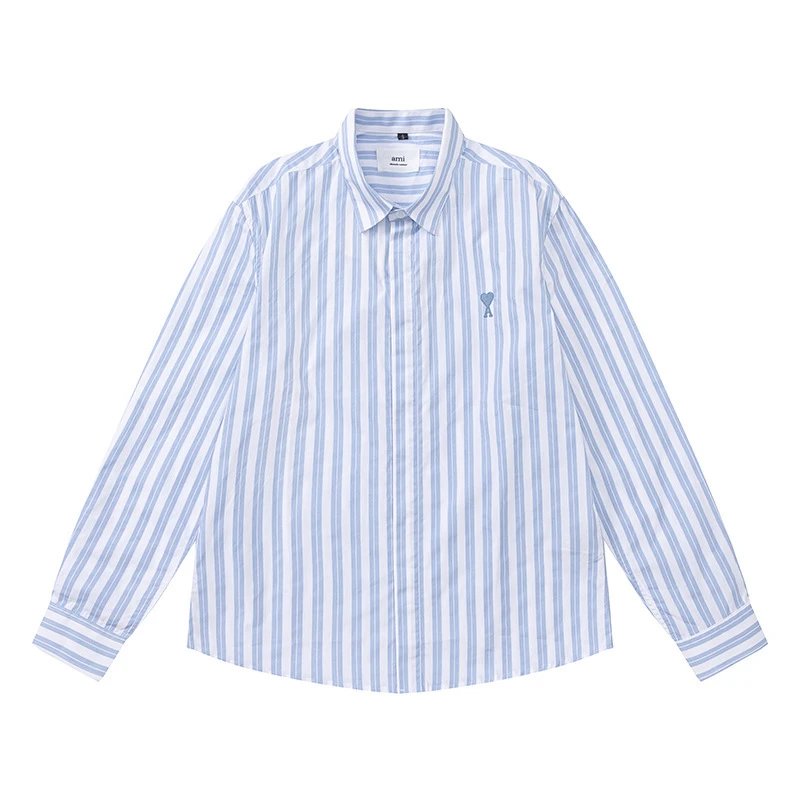 Ami Paris Striped Cotton Shirt with Red Heart Embroidery Blue - 13