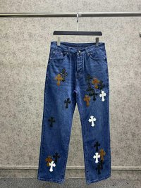Blue pants, black and brown leather