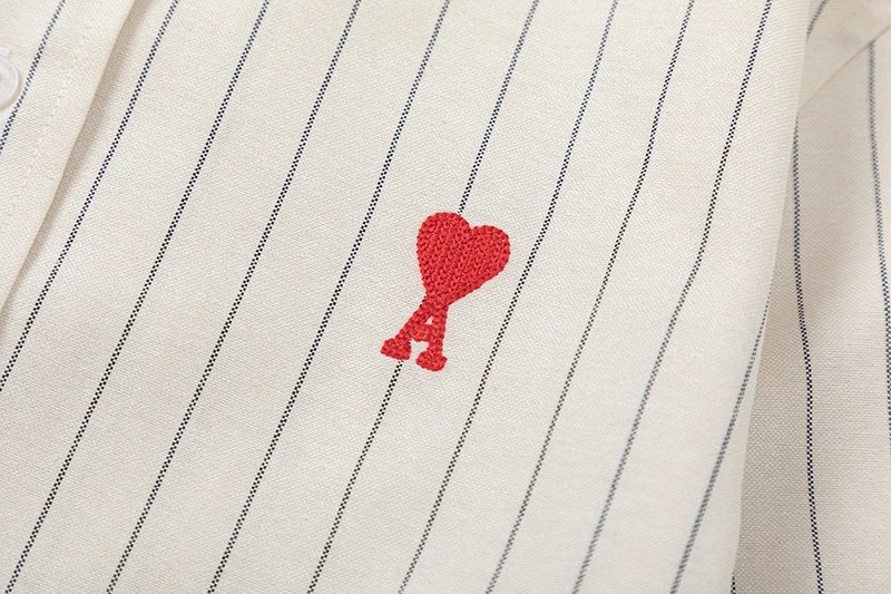 Ami Paris Striped Cotton Shirt with Red Heart Embroidery Blue - 26