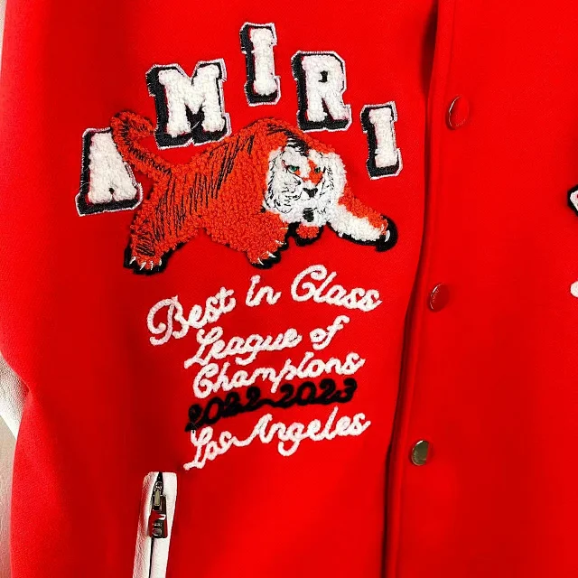 AMIRI Jackets Tiger-Embroidered Leather-Sleeve Varsity Jacket product detail image 11