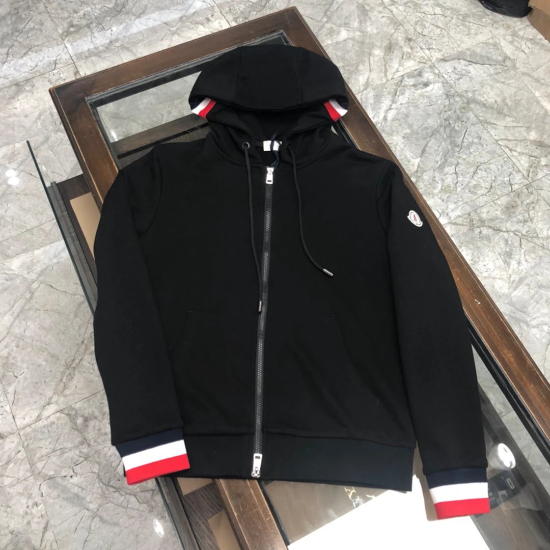 Moncler Hoodies & Sweatshirts Zip-Up Hooded Sweatshirt with Tricolor Cuffs — Black