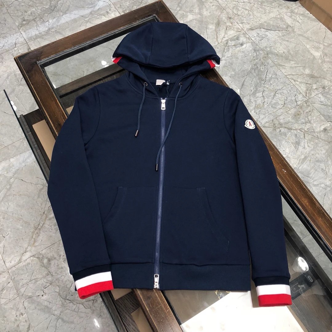 Moncler Hoodies & Sweatshirts Zip-Up Hooded Sweatshirt with Tricolor Cuffs — Sapphire blue