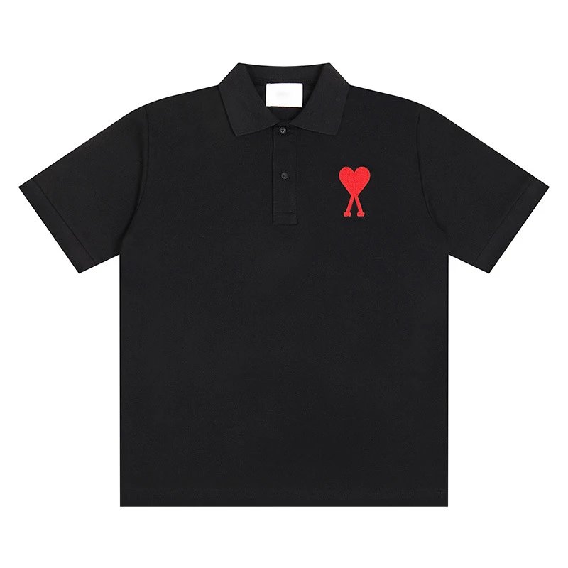AMI Paris Oversized de Coeur Polo Shirt Black Big Logo Red