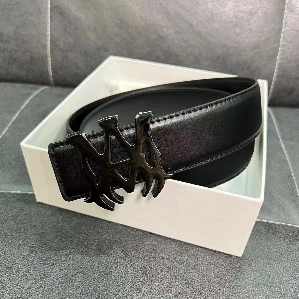 Design Gothic Logo Buckle Black Leather Belt - 8
