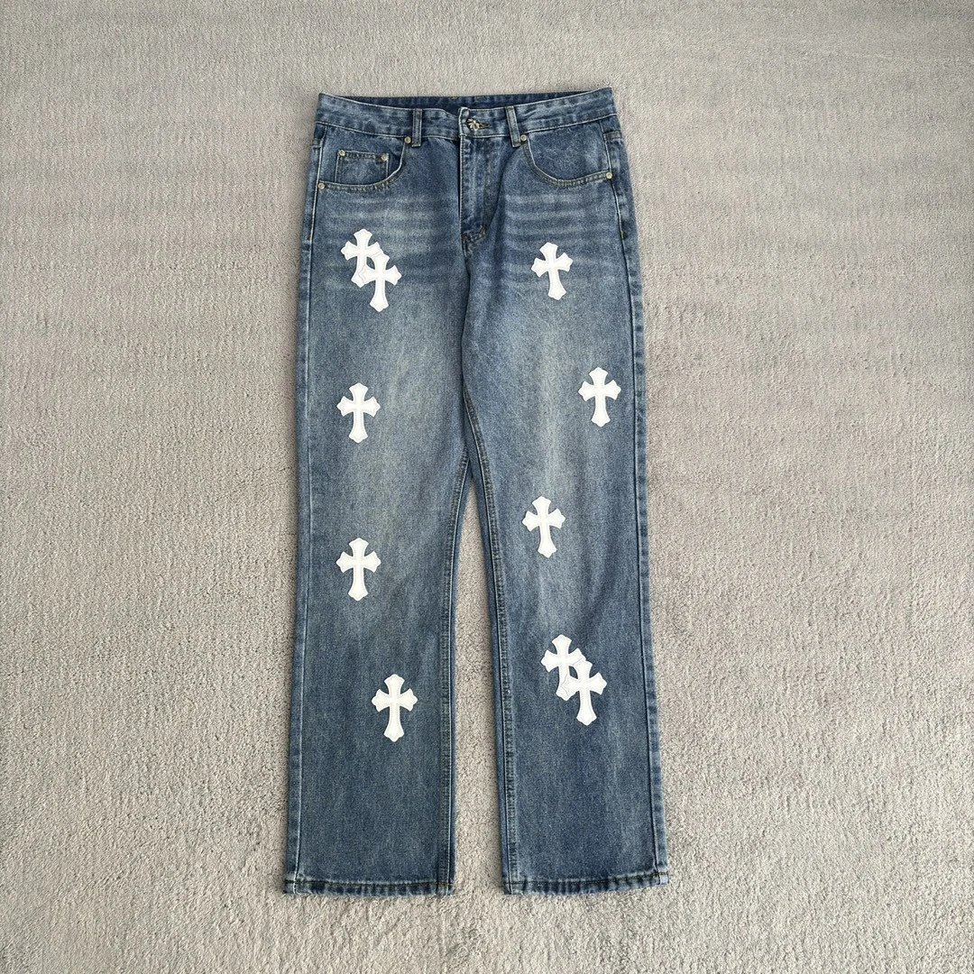 Blue pants and white leather
