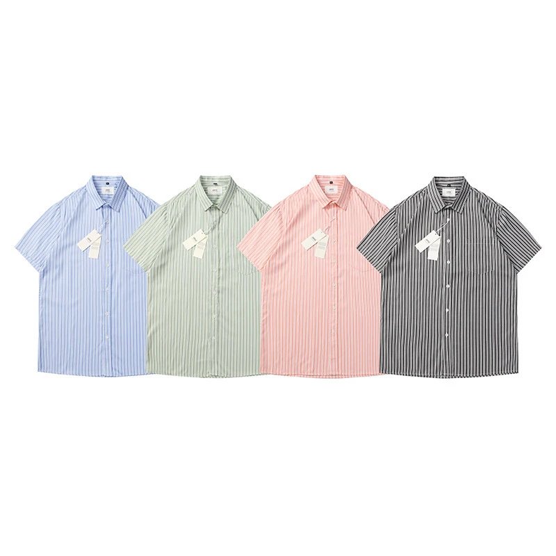 Ami Paris Striped Cotton Shirt with Red Heart Embroidery Blue - 22