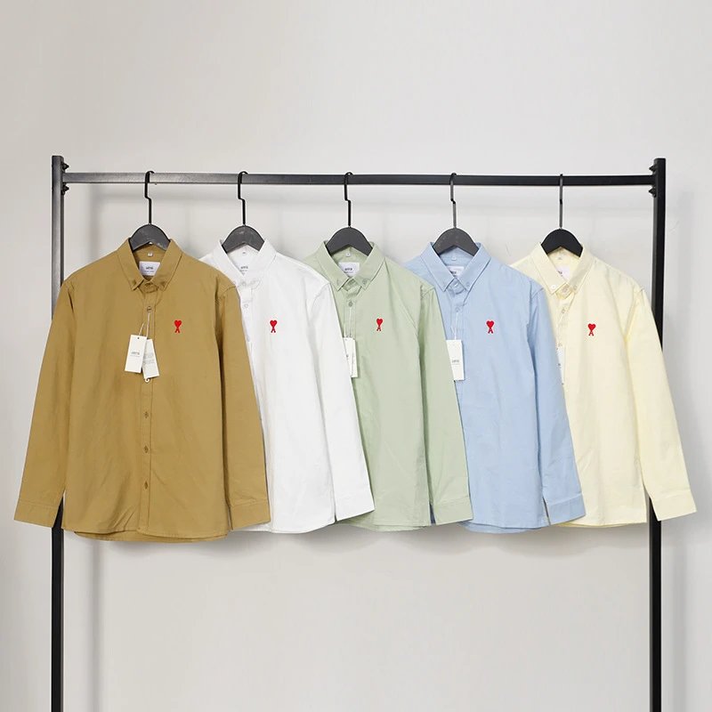 Ami Paris Striped Cotton Shirt with Red Heart Embroidery Blue - 20