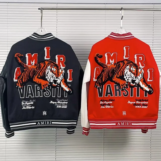 AMIRI Jackets Tiger-Embroidered Leather-Sleeve Varsity Jacket product detail image 4