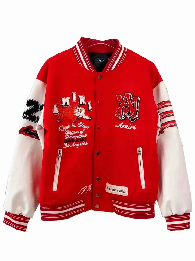 AMIRI Jackets Tiger-Embroidered Leather-Sleeve Varsity Jacket product detail image 6