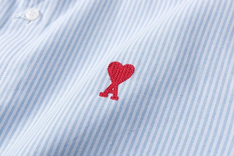Ami Paris Striped Cotton Shirt with Red Heart Embroidery Blue - 32