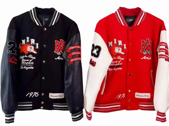 AMIRI Jackets Tiger-Embroidered Leather-Sleeve Varsity Jacket product detail image 5