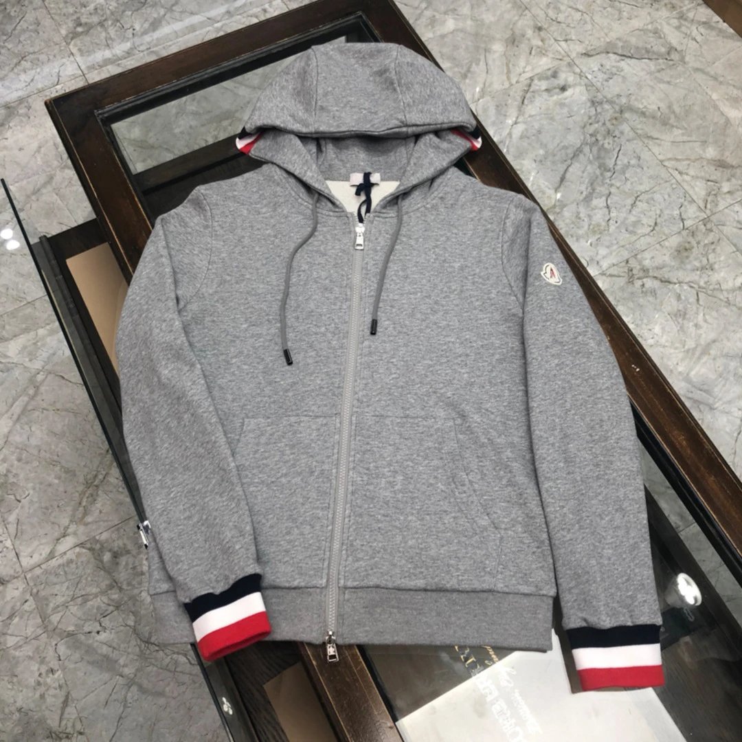 Moncler Hoodies & Sweatshirts Zip-Up Hooded Sweatshirt with Tricolor Cuffs — gray