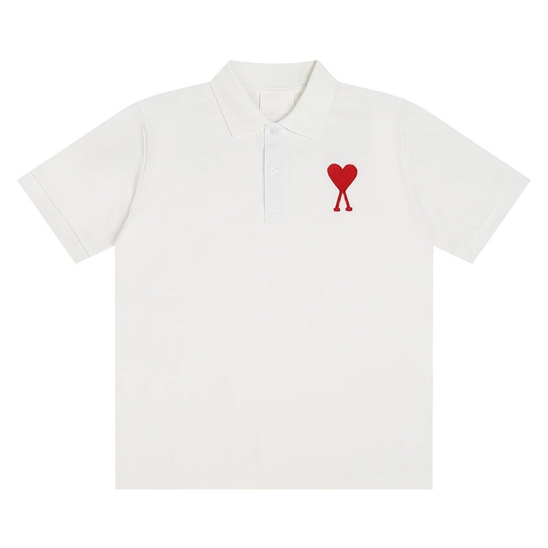 AMI Paris Oversized de Coeur Polo Shirt White Big Logo Red