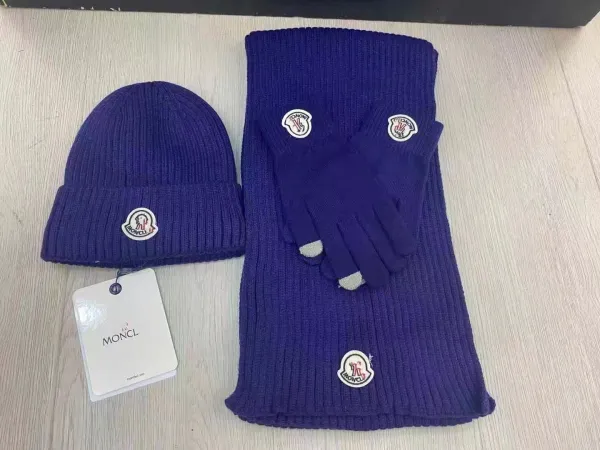 Moncler Logo-Embroidered Purple Knit Beanie, Scarf, and Touchscreen Gloves Set - 5