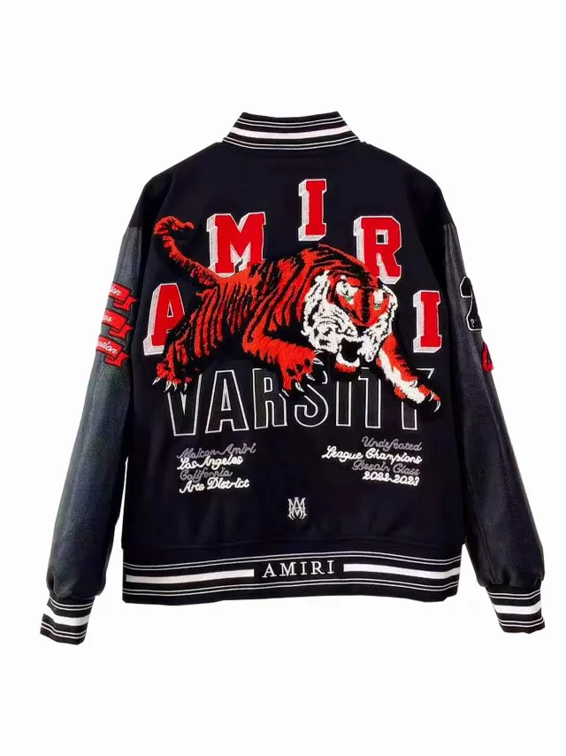 AMIRI Jackets Tiger-Embroidered Leather-Sleeve Varsity Jacket product detail image 8