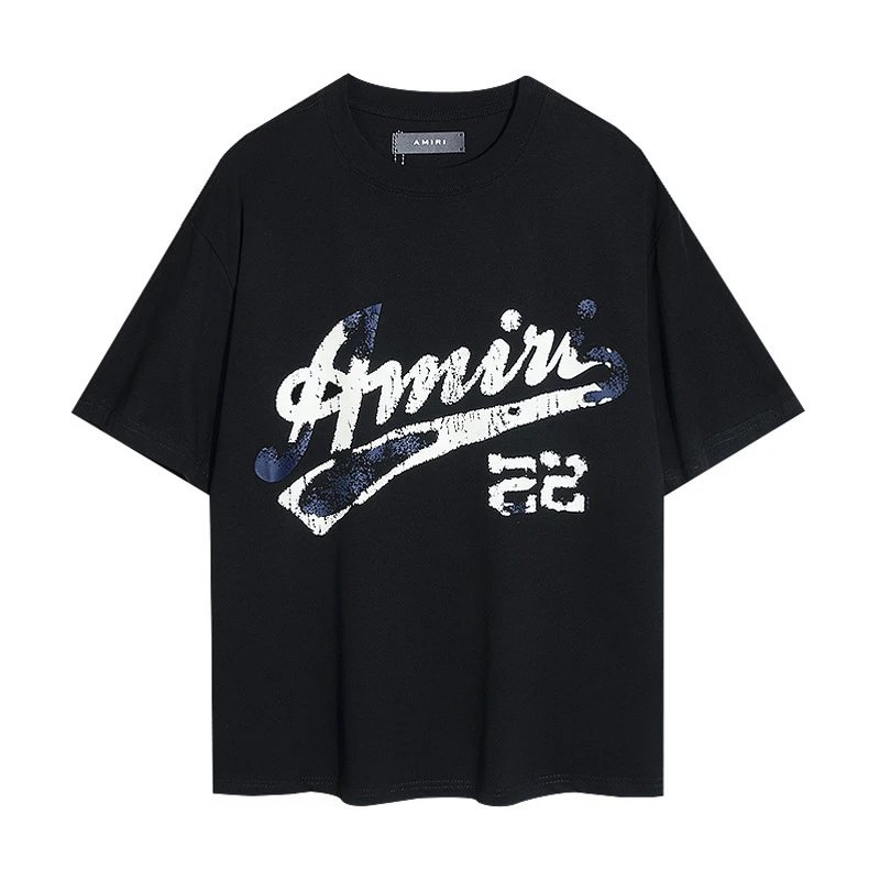 Amiri Baseball Script 22 Tee Black White Navy